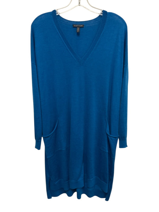 Eileen Fisher Size S Blue Merino Wool Long Sleeve V Neck Pockets Dress Blue / S
