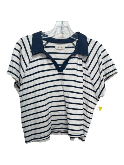 Madewell Size M White & Navy Cotton Collared V Neck Short Sleeve Stripe Top White & Navy / M