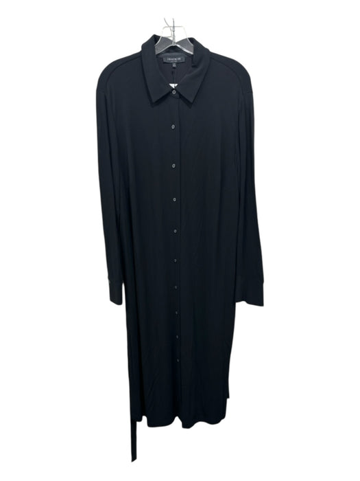 Lafayette 148 Size 1X Black Viscose Button Up Long Sleeve Collar Sash Inc Dress Black / 1X