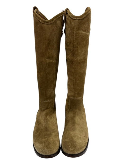 Frye Shoe Size 7 Tan Brown Leather Suede round toe Pull Tab Stacked Heel Boots Tan Brown / 7