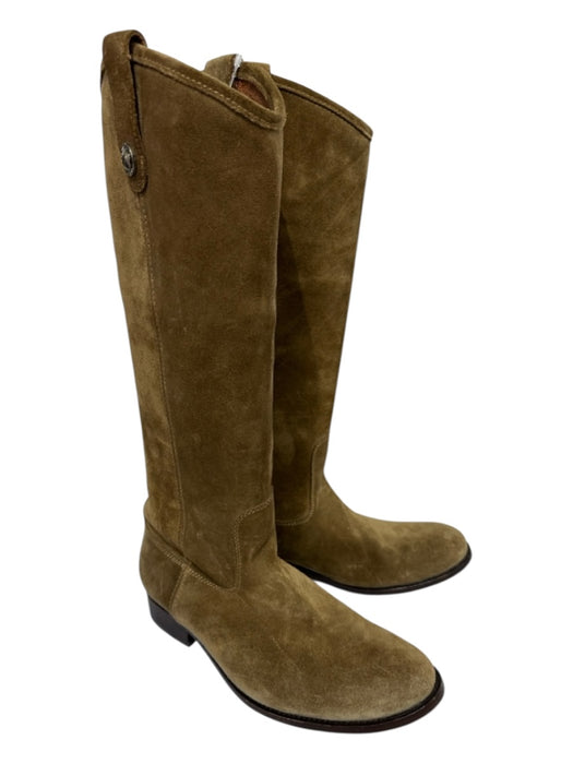 Frye Shoe Size 7 Tan Brown Leather Suede round toe Pull Tab Stacked Heel Boots Tan Brown / 7