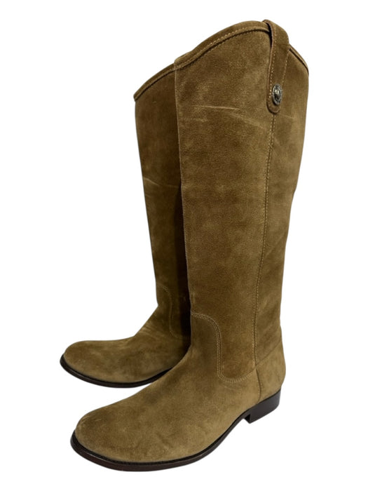 Frye Shoe Size 7 Tan Brown Leather Suede round toe Pull Tab Stacked Heel Boots Tan Brown / 7