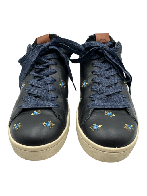 Coach Shoe Size 9.5 Navy Blue & Yellow Leather Shearling Flowers Sneakers Navy Blue & Yellow / 9.5
