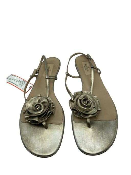 Valentino Shoe Size 39.5 Gold Leather Rose detail Ankle Strap Shimmer Sandals Gold / 39.5