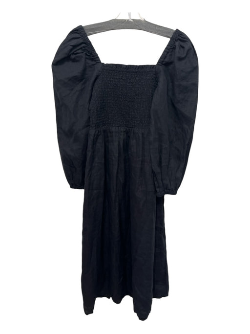 J Crew Size S Black Linen Smocked Bodice Midi Long Sleeve Dress Black / S