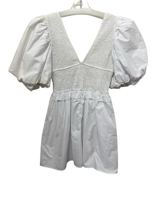 Aureum Size Small White Cotton Short Puff Sleeve smocked Ruffle V Neck Dress White / Small