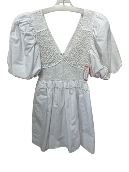Aureum Size Small White Cotton Short Puff Sleeve smocked Ruffle V Neck Dress White / Small