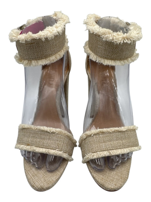 Schutz Shoe Size 7.5 Taupe Beige Textile Ankle Buckle Fringe Trim Sandals Taupe Beige / 7.5