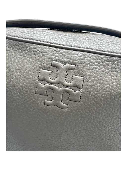 Tory Burch Taupe Pebbled Leather embossed logo Zip closure Crossbody Bag Taupe / Small