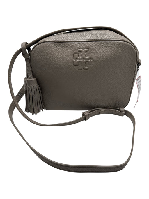 Tory Burch Taupe Pebbled Leather embossed logo Zip closure Crossbody Bag Taupe / Small