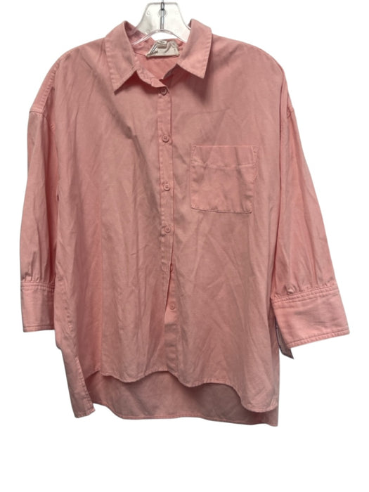 Pomander Place Size S Salmon Pink Cotton 3/4 Sleeve Button Patch Pocket Top Salmon Pink / S