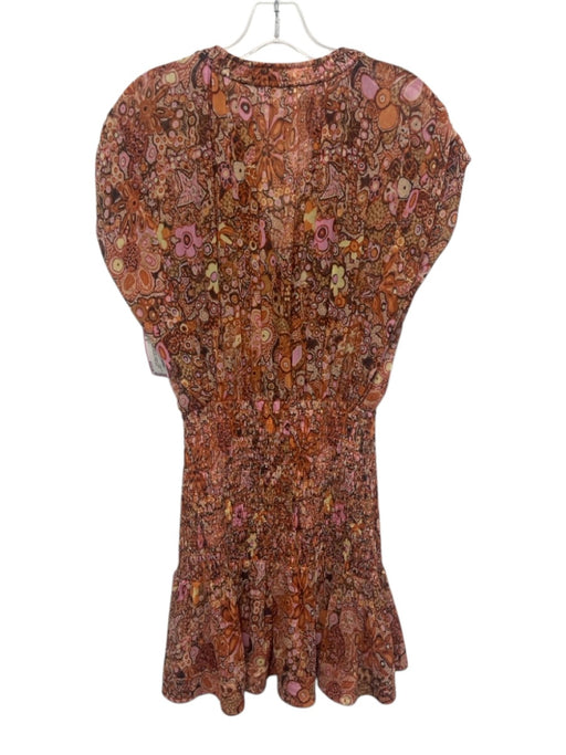 A.L.C. Size 6 Orange & Multi Silk Printed V Neck Sleeveless Smocked Waist Dress Orange & Multi / 6