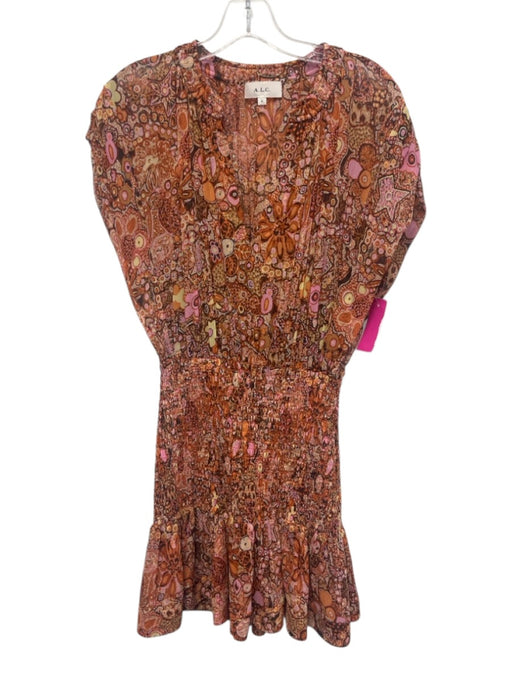 A.L.C. Size 6 Orange & Multi Silk Printed V Neck Sleeveless Smocked Waist Dress Orange & Multi / 6