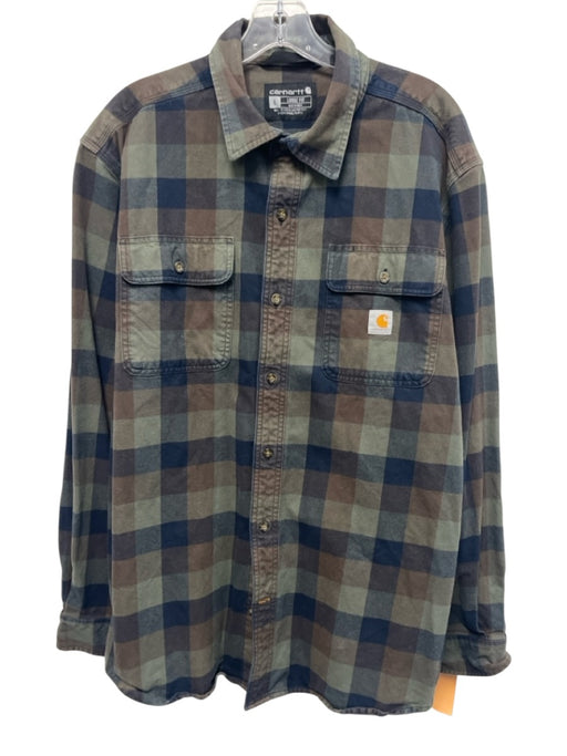 Carhartt Size L Green & Brown Cotton Plaid Flannel Button up Long Sleeve Shirt Green & Brown / L