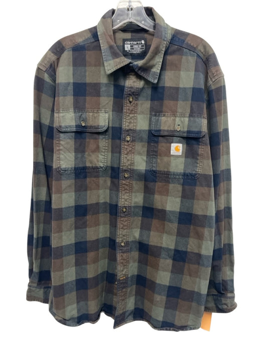 Carhartt Size L Green & Brown Cotton Plaid Flannel Button up Long Sleeve Shirt Green & Brown / L