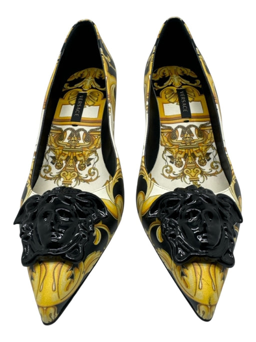 Versace Shoe Size 37.5 Yellow & Black Leather Abstract Medusa Pointed Toe Pumps Yellow & Black / 37.5