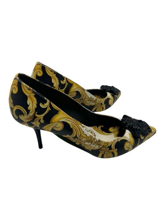 Versace Shoe Size 37.5 Yellow & Black Leather Abstract Medusa Pointed Toe Pumps Yellow & Black / 37.5