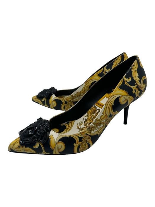 Versace Shoe Size 37.5 Yellow & Black Leather Abstract Medusa Pointed Toe Pumps Yellow & Black / 37.5