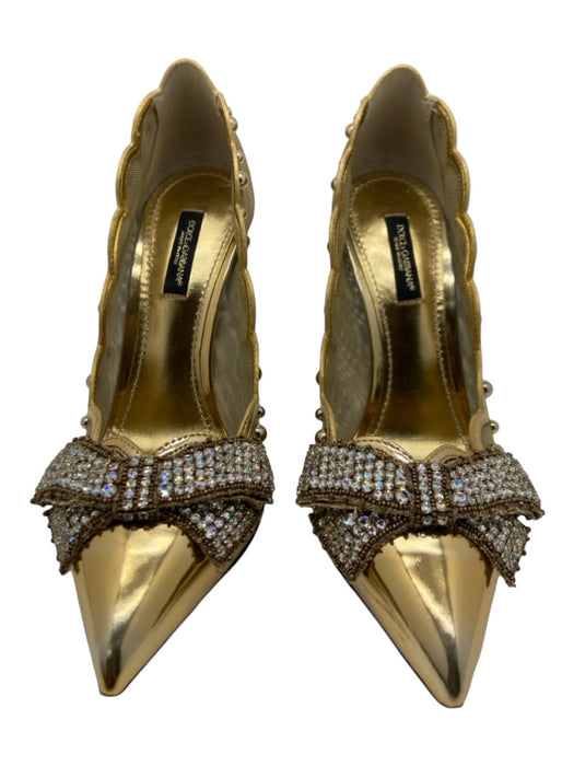 Dolce & Gabbana Shoe Size 37 Gold Patent Leather Mesh Rhinestone Bow Pumps Gold / 37