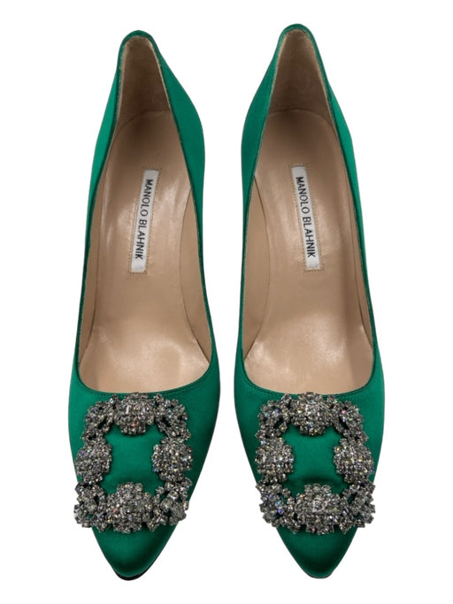 Manolo Blahnik Shoe Size 37.5 Green Satin Crystal Detail Pointed Toe Heel Pumps Green / 37.5