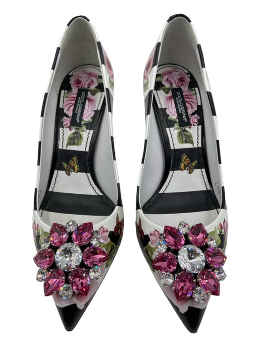 Dolce & Gabbana Shoe Size 37 White, Pink, Black Leather Stripe Floral Pumps White, Pink, Black / 37