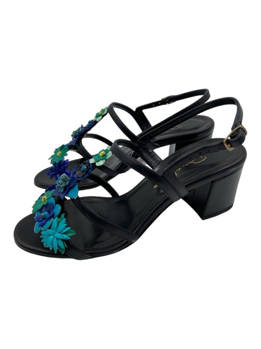 Oscar De La Renta Shoe Size 37 Black & Blue Leather Floral Application Sandals Black & Blue / 37