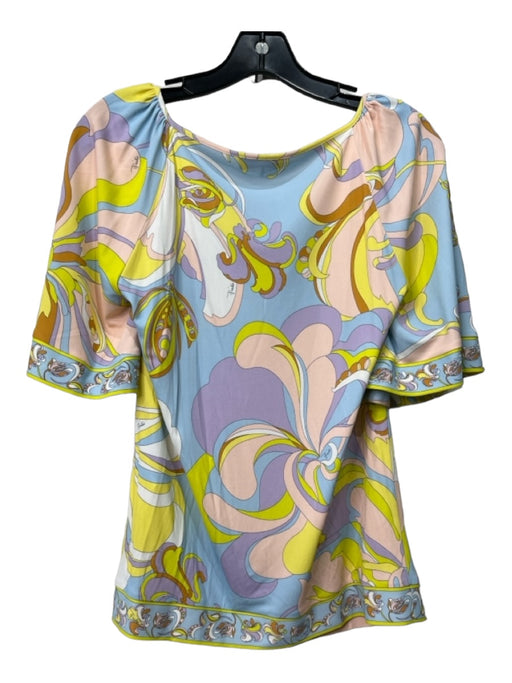 Emilio Pucci Size 8 Blue, Yellow, Pink Viscose Blend Abstract Half Sleeve Top Blue, Yellow, Pink / 8