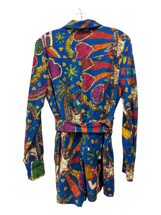 Farm Rio Size S Blue & Multi Linen Blend Belt Tropical Button Front Mini Romper Blue & Multi / S