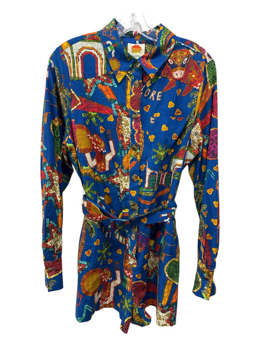Farm Rio Size S Blue & Multi Linen Blend Belt Tropical Button Front Mini Romper Blue & Multi / S
