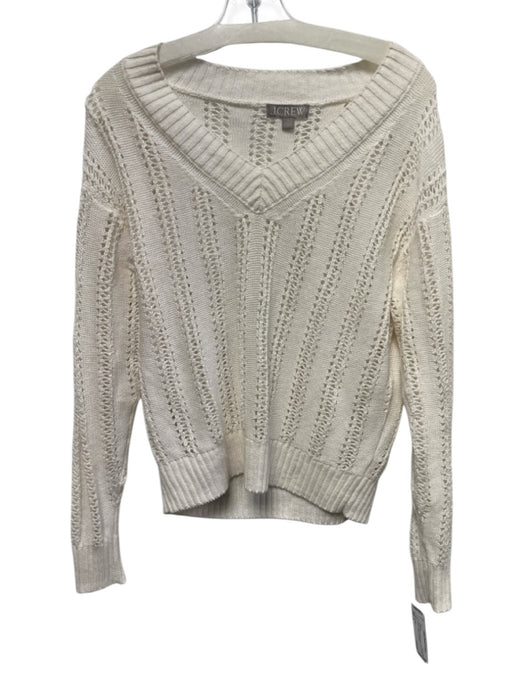 J Crew Size S Cream Cotton Blend Open Knit V Neck Ribbed edges Sweater Cream / S