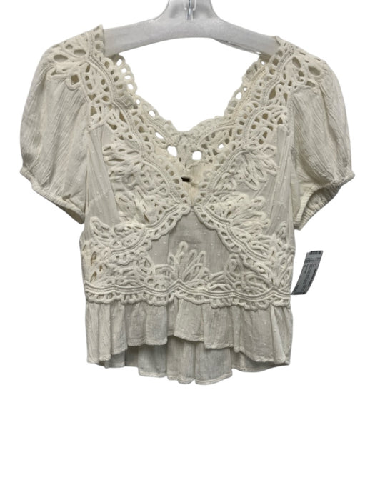 Free People Size S Cream Rayon Blend V Neck Lace Cap Sleeve Swiss Dot Top Cream / S