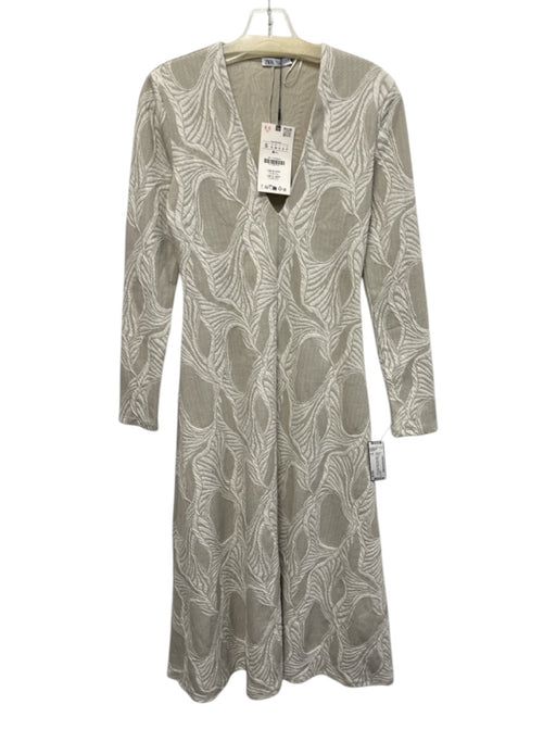 Zara Size S Beige Poly Blend Jacquard V Neck Long Sleeve Maxi Dress Beige / S