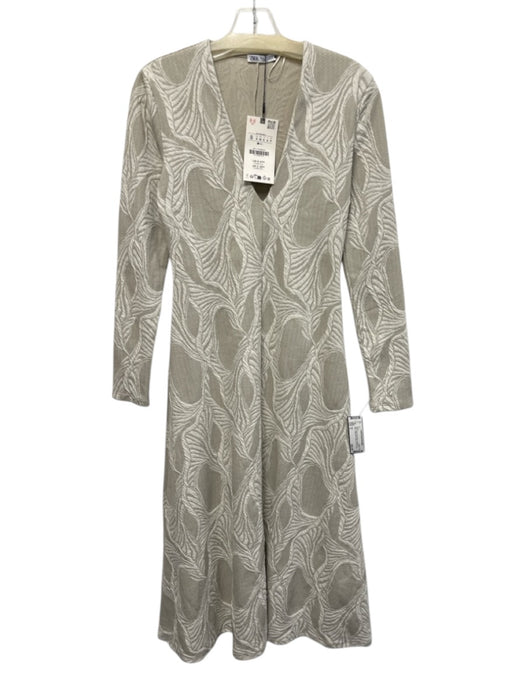 Zara Size S Beige Poly Blend Jacquard V Neck Long Sleeve Maxi Dress Beige / S