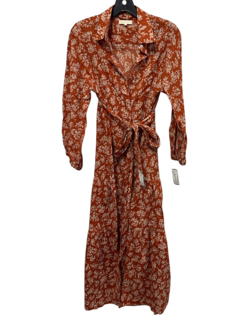 Ann Mashburn Size S Orange & Beige Cotton Seersucker Botanical Print Dress Orange & Beige / S