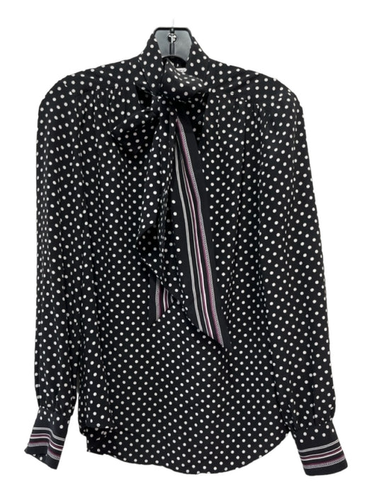 Trina Turk Size Small Black & White Silk Polka Dots Long Sleeve Neck Tie Top Black & White / Small