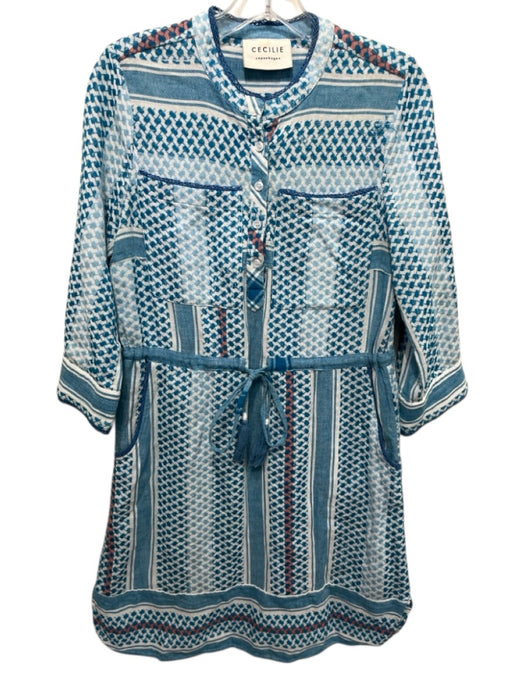 Cecilie Copenhagen Size S Blue, White, Orange Cotton Abstract Print Dress Blue, White, Orange / S