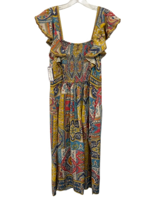 RANNA GILL Size S Blue, Yellow & Multi Linen Damask Print Button Front Dress Blue, Yellow & Multi / S