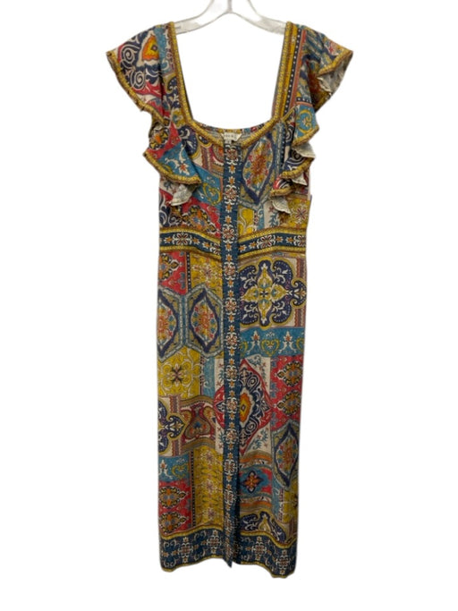 RANNA GILL Size S Blue, Yellow & Multi Linen Damask Print Button Front Dress Blue, Yellow & Multi / S