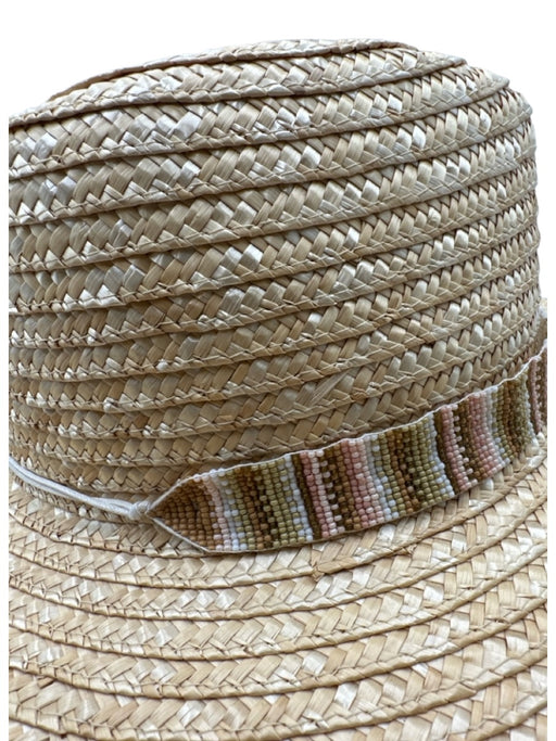 Nikki Beach Yellow Beige Straw Beaded Ribbon wide brim Hat Yellow Beige / One Size