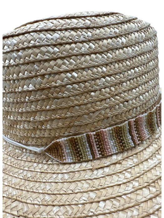 Nikki Beach Yellow Beige Straw Beaded Ribbon wide brim Hat Yellow Beige / One Size
