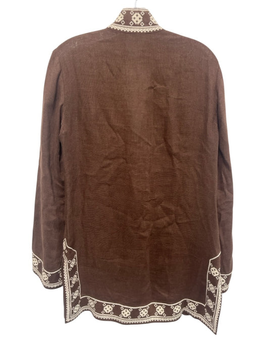 Tory Burch Size 2 Brown & White Linen Long Sleeve Embroidered Tunic Style Dress Brown & White / 2