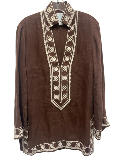 Tory Burch Size 2 Brown & White Linen Long Sleeve Embroidered Tunic Style Dress Brown & White / 2