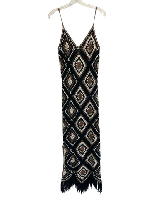 Elan Size Small Black, Brown, White Acrylic Spaghetti Strap Crochet Fringe Dress Black, Brown, White / Small