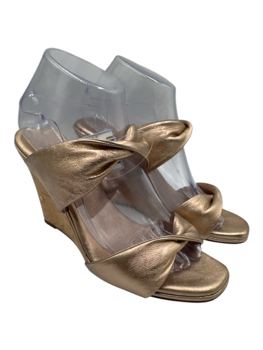 Aquazzura Shoe Size 39.5 Gold Leather Upper Twist Double Strap Cork Base Wedges Gold / 39.5