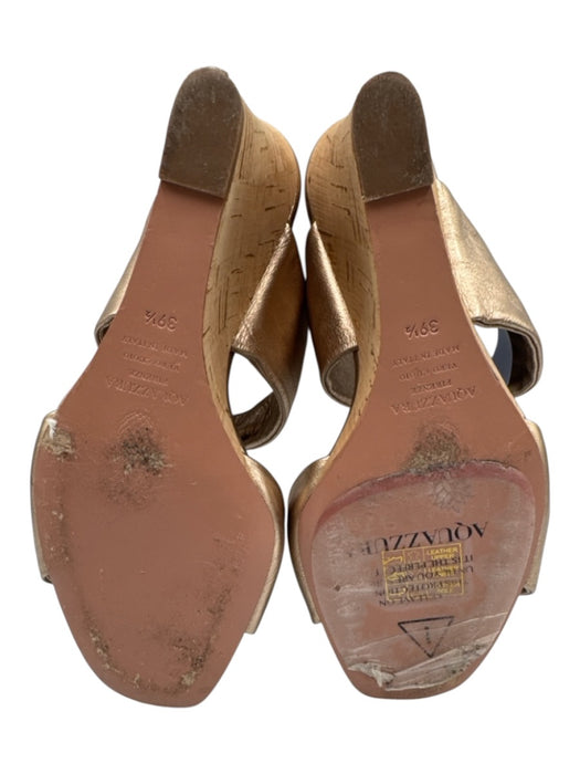 Aquazzura Shoe Size 39.5 Gold Leather Upper Twist Double Strap Cork Base Wedges Gold / 39.5