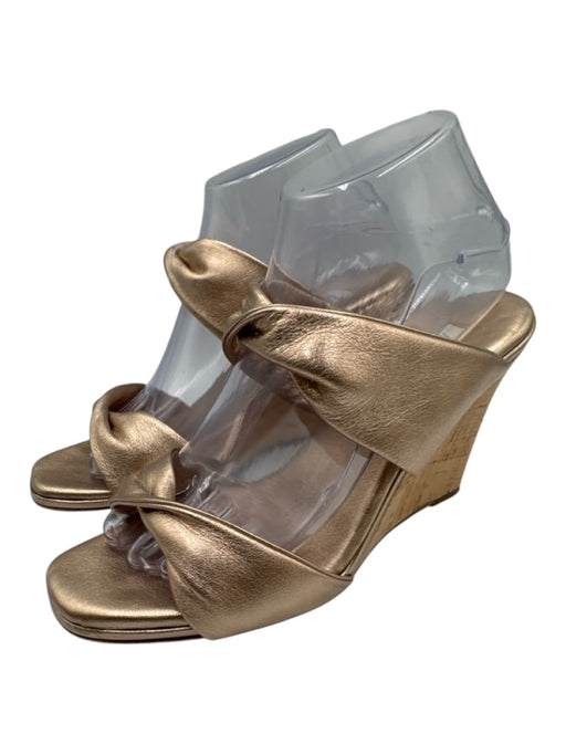 Aquazzura Shoe Size 39.5 Gold Leather Upper Twist Double Strap Cork Base Wedges Gold / 39.5