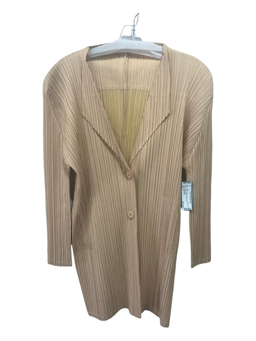 Pleats Please Size 3 Beige Polyester Button Up Plisse Long Sleeve Collar Top Beige / 3