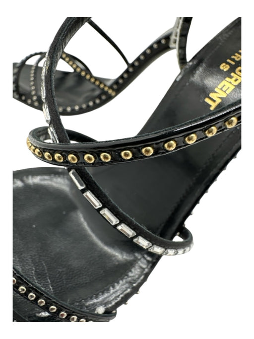 Saint Laurent Shoe Size 37.5 Black & Silver Leather Satin Rhinestone Studs Pumps Black & Silver / 37.5