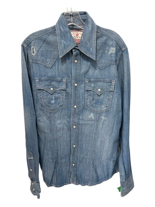True Religion Size M Blue Cotton Distressed Jean Men's Long Sleeve Shirt Blue / M