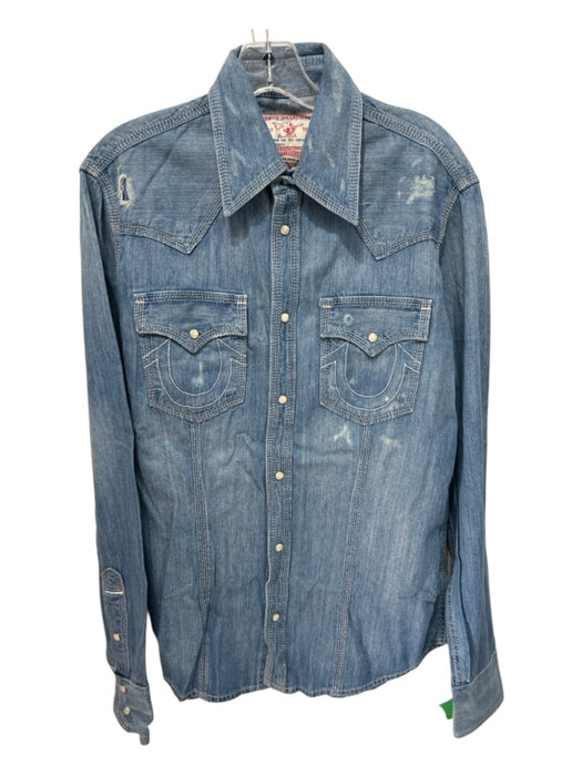 True Religion Size M Blue Cotton Distressed Jean Men's Long Sleeve Shirt Blue / M